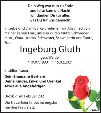 Traueranzeige von Ingeburg Gluth von Mitteldeutsche Zeitung Zeitz