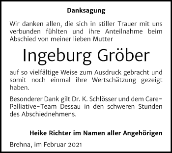 Traueranzeige von Ingeburg Gröber von Mitteldeutsche Zeitung Bitterfeld