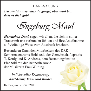 Traueranzeige von Ingeburg Maul von Mitteldeutsche Zeitung Sangerhausen
