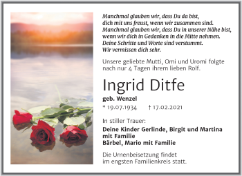 Traueranzeige von Ingrid Ditfe von Super Sonntag Naumburg/Nebra