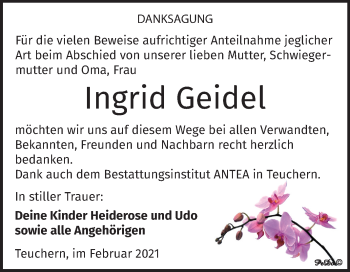 Traueranzeige von Ingrid Geidel von Super Sonntag Weißenfels