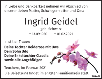 Traueranzeige von Ingrid Geidel von Mitteldeutsche Zeitung Weißenfels