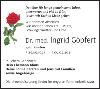 Traueranzeige von Ingrid Göpfert von Super Sonntag Mansfelder Land