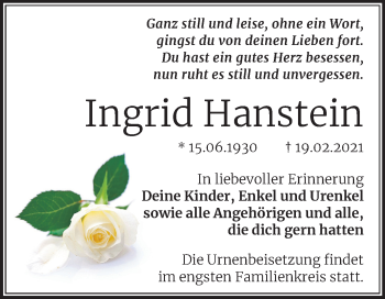 Traueranzeige von Ingrid Hanstein von Mitteldeutsche Zeitung Mansfelder Land