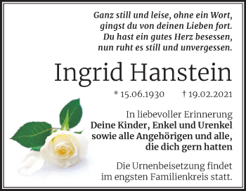 Traueranzeige von Ingrid Hanstein von Super Sonntag Mansfelder Land