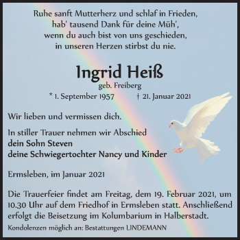 Traueranzeige von Ingrid Heiß von Super Sonntag Aschersleben / Quedlinburg