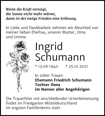 Traueranzeige von Ingrid Schumann von Mitteldeutsche Zeitung Halle/Saalkreis