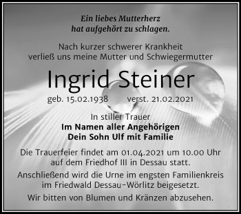 Traueranzeige von Ingrid Steiner von Super Sonntag Dessau-Roßlau