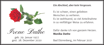 Traueranzeige von Irene Dathe von Mitteldeutsche Zeitung Merseburg/Querfurt