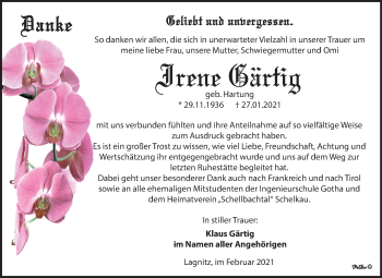Traueranzeige von Irene Gärtig von Mitteldeutsche Zeitung Weißenfels