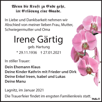 Traueranzeige von Irene Gärtig von Super Sonntag Weißenfels