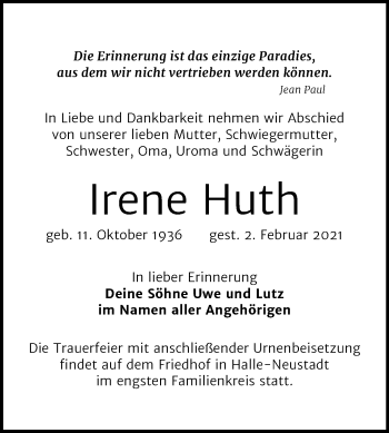 Traueranzeige von Irene Huth von Mitteldeutsche Zeitung Halle/Saalkreis