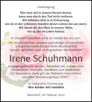 Traueranzeige von Irene Schuhmann von Mitteldeutsche Zeitung Mansfelder Land