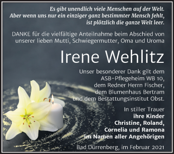 Traueranzeige von Irene Wehlitz von Mitteldeutsche Zeitung Merseburg/Querfurt