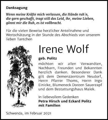 Traueranzeige von Irene Wolf von Mitteldeutsche Zeitung Sangerhausen