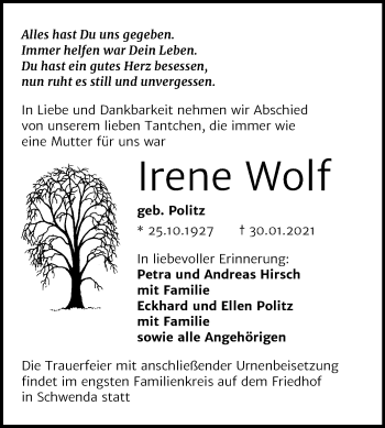 Traueranzeige von Irene Wolf von Super Sonntag Sangerhausen