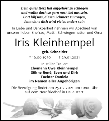 Traueranzeige von Iris Kleinhempel von Mitteldeutsche Zeitung Halle/Saalkreis