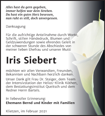 Traueranzeige von Iris Siebert von Mitteldeutsche Zeitung Köthen