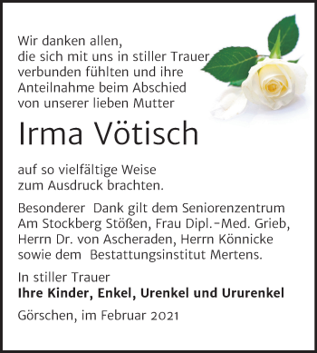 Traueranzeige von Irma Vötisch von Super Sonntag Naumburg/Nebra
