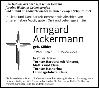 Traueranzeige von Irmgard Ackermann von Mitteldeutsche Zeitung Halle/Saalkreis