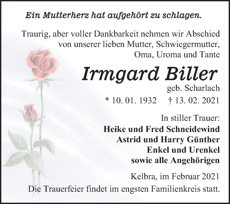  Traueranzeige für Irmgard Biller vom 20.02.2021 aus Super Sonntag Sangerhausen