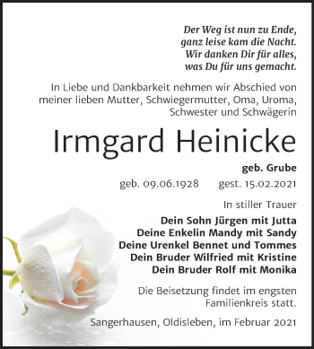 Traueranzeige von Irmgard Heinicke von Mitteldeutsche Zeitung Sangerhausen