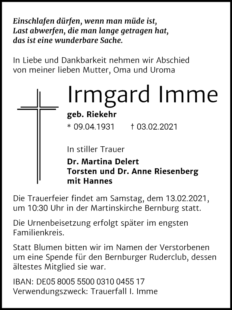  Traueranzeige für Irmgard Imme vom 09.02.2021 aus Mitteldeutsche Zeitung Bernburg