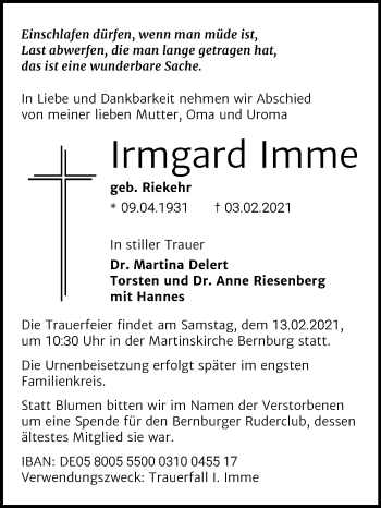 Traueranzeige von Irmgard Imme von Super Sonntag Bernburg
