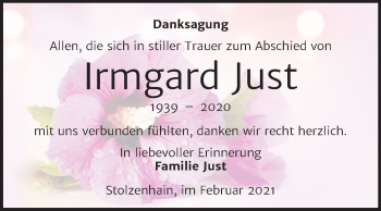 Traueranzeige von Irmgard Just von Mitteldeutsche Zeitung Zeitz