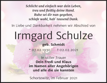 Traueranzeige von Irmgard Schulze von Super Sonntag Köthen