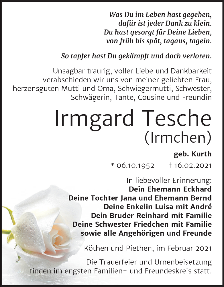  Traueranzeige für Irmgard Tesche vom 26.02.2021 aus Mitteldeutsche Zeitung Köthen