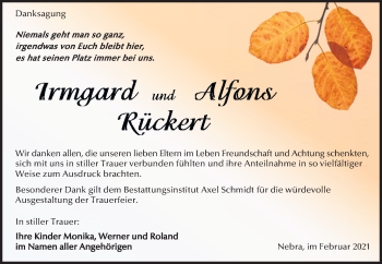 Traueranzeige von Irmgard und Alfons Rückert von Mitteldeutsche Zeitung Naumburg/Nebra