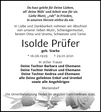 Traueranzeige von Isolde Prüfer von Mitteldeutsche Zeitung Naumburg/Nebra