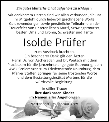 Traueranzeige von Isolde Prüfer von Mitteldeutsche Zeitung Naumburg/Nebra
