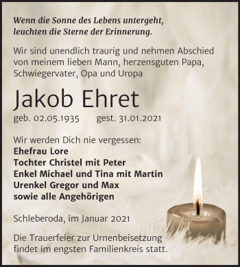 Traueranzeige von Jakob Ehret von Super Sonntag Naumburg/Nebra