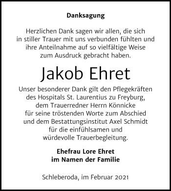 Traueranzeige von Jakob Ehret von Super Sonntag Naumburg/Nebra