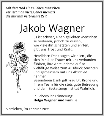 Traueranzeige von Jakob Wagner von Super Sonntag Mansfelder Land