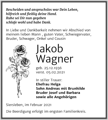 Traueranzeige von Jakob Wagner von Mitteldeutsche Zeitung Mansfelder Land