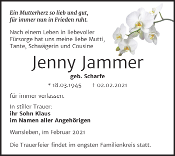 Traueranzeige von Jenny Jammer von Super Sonntag Mansfelder Land