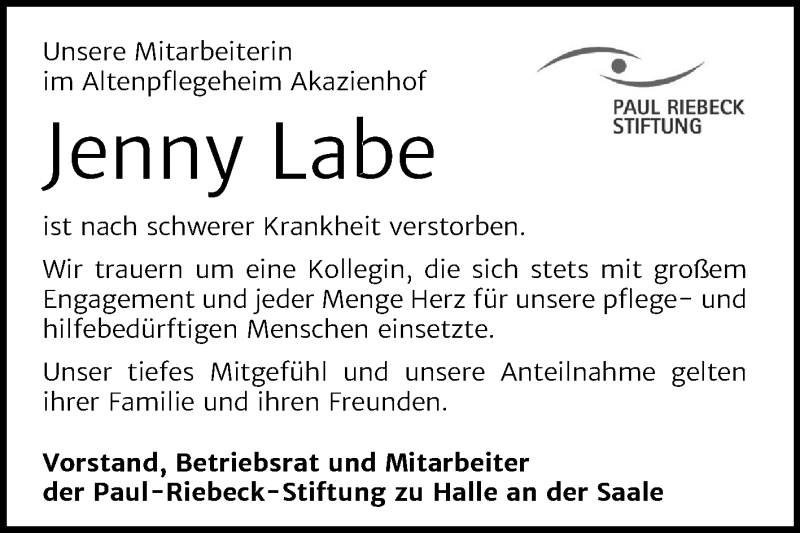  Traueranzeige für Jenny Labe vom 27.02.2021 aus Mitteldeutsche Zeitung Halle/Saalkreis