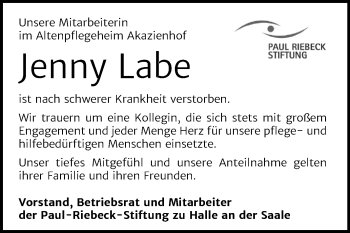 Traueranzeige von Jenny Labe von Mitteldeutsche Zeitung Halle/Saalkreis