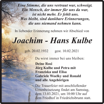 Traueranzeige von Joachim-Hans Kulbe von Super Sonntag Quedlinburg