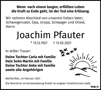 Traueranzeige von Joachim Pfauter von Super Sonntag Weißenfels