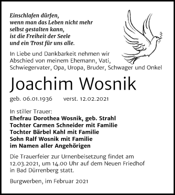 Traueranzeige von Joachim Wosnik von Mitteldeutsche Zeitung Merseburg/Querfurt / Weißenfels