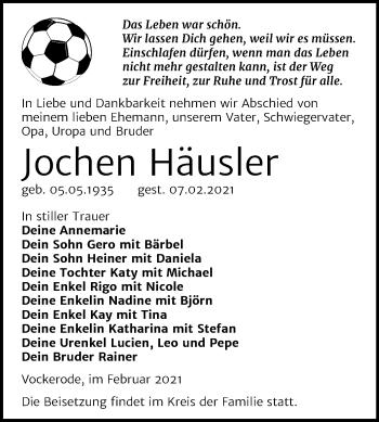 Traueranzeige von Jochen Häusler von Mitteldeutsche Zeitung Wittenberg