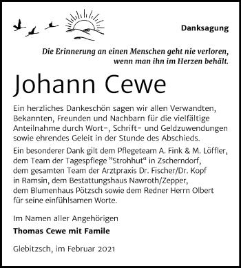 Traueranzeige von Johann Cewe von Mitteldeutsche Zeitung Bitterfeld