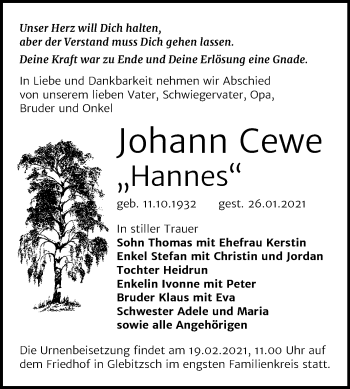 Traueranzeige von Johann Cewe von Mitteldeutsche Zeitung Bitterfeld