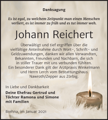 Traueranzeige von Johann Reichert von Mitteldeutsche Zeitung Bitterfeld