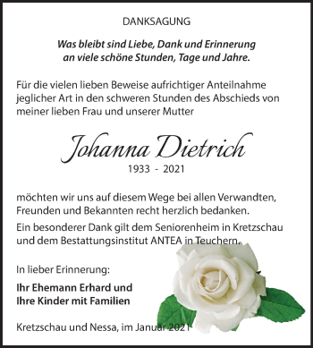 Traueranzeige von Johanna Dietrich von Super Sonntag Weißenfels