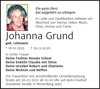 Traueranzeige von Johanna Grund von Super Sonntag Wittenberg